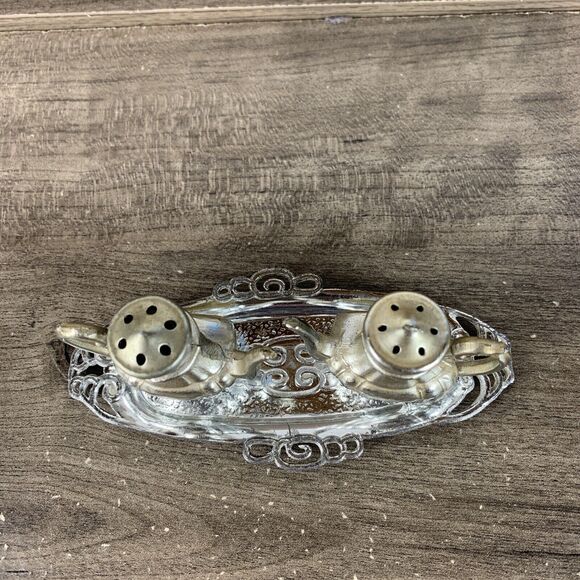 Vintage Salt & Pepper Shaker Metal Silver Coffee Tea Pot with Tray 1.5" - 3PCS - Picture 3 of 10